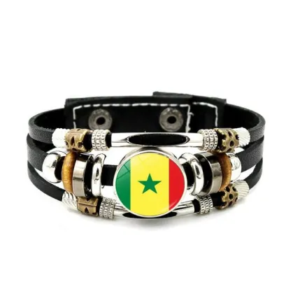 Costa Rica Flags Bangle Bracelet with Leather Chain Wristband