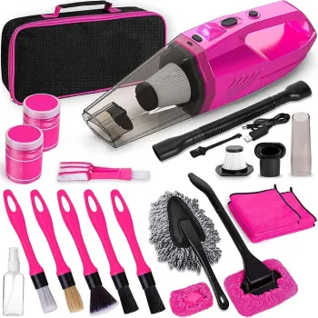 Portable Car Cleaning Kit: Including Pink Vacuum, Cleaning Gel, Interior Tools, and Detailing Brushes