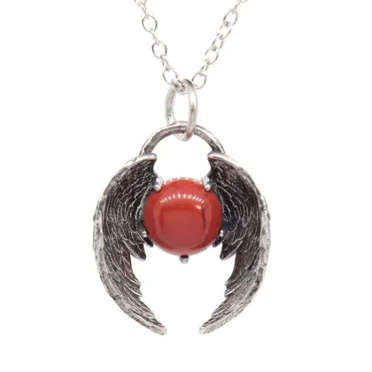 Red Jasper10MM Balls Silver Alloy Angle Wing Pendant Necklace Choker Jewelry