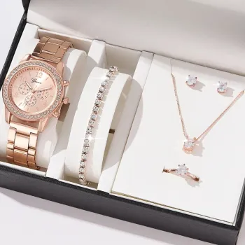 5-Piece Set: Steel Wristwatch, Women's Jewelry including Necklace, Earrings, Bracelet, and Ring with Simulation Three Eyes Design - Casual Quartz Watch