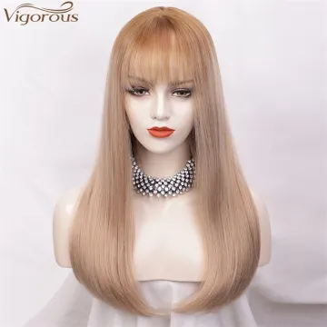 Vigorous Natural Looking Wigs for Women 22 Inches Long Straight Synthetic Mixed Blonde Wigs with Flat Bangs High Temperature