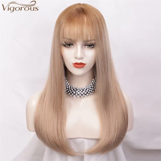 Vigorous Natural Looking Wigs for Women 22 Inches Long Straight Synthetic Mixed Blonde Wigs with Flat Bangs High Temperature