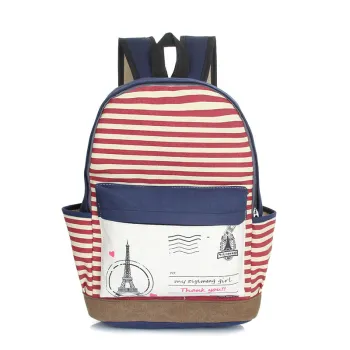 Striped Tower Printed Canvas Student School Bag Backpack