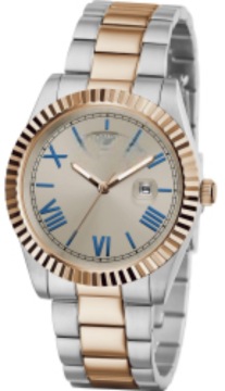 GW0265G13 Men Two-Tone Quartz Wrist Watch, Coin Fluted Bezel Grey Sunray Dial Roman Numeral Marker Dual Day Date Window Recycled