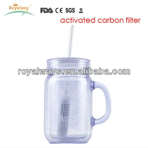 2015 hot sell 16oz double wall embossed marson Jar with Activated carbon filter BPA free