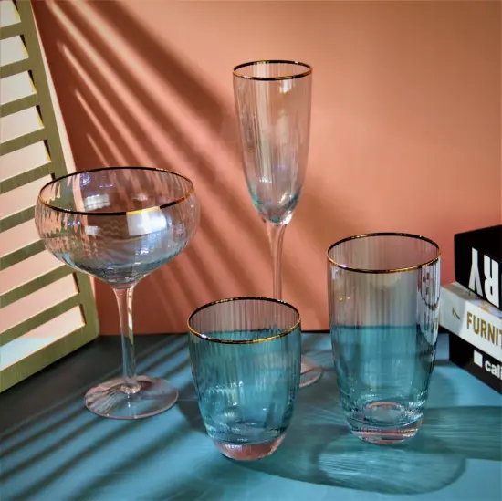 ribbed champagne flute glass set with gold rim