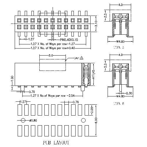 FHCM07-XXDXXXXX 1.27 mm Female Header Dual Row SMT Type(W=3.1 H=3.4,4.3)