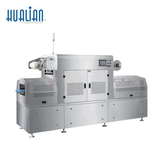 HVT-350AZ Hualian Automatic Linear Food Tray Vacuum Sealing Packaging Machine