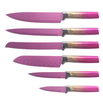 Ensemble de couteaux de cuisine moderne de couleur rose avec revêtement en acier inoxydable et emballage de boîte de couleur