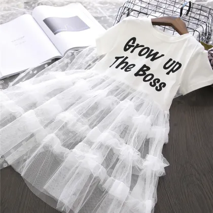 Short sleeve mesh stitching new style kids clothes girls dressesbig girls clothing