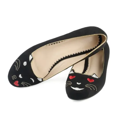 black embroidered flat comfortable shoes for women
