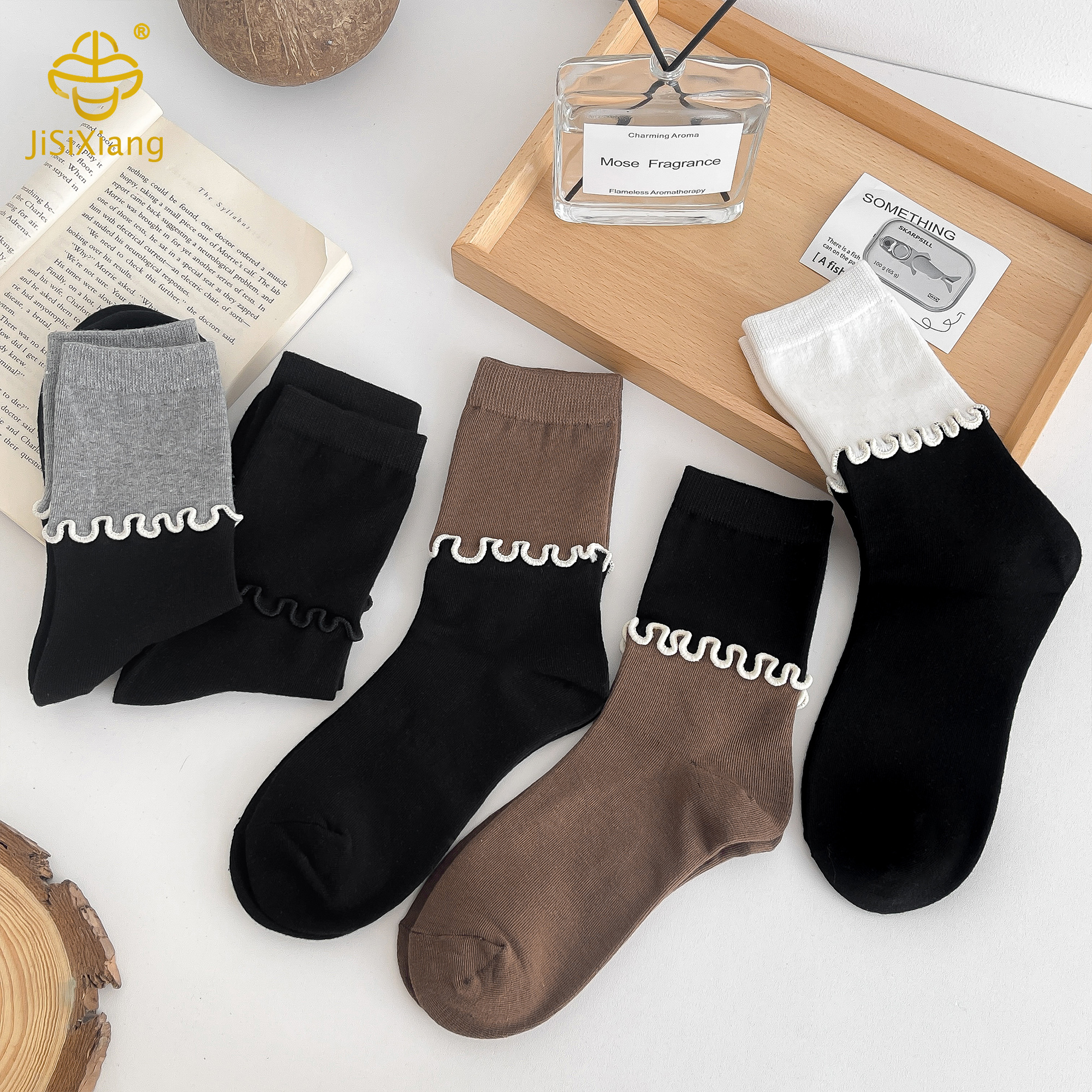 version of contrasting colored socks with black fungus edges and stacked sock