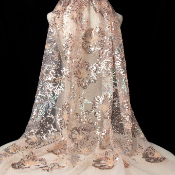Top Quality 3D Sequin Beaded Embroidery Organza Mesh African French Lace Fabric for Evening Dresses
