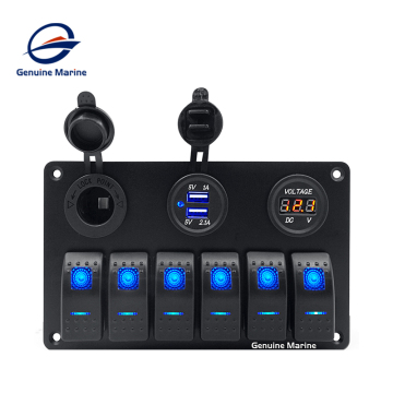 Genuine Marine Universal LED 6 Rocker Switch with USB Voltmeter & Power Socket