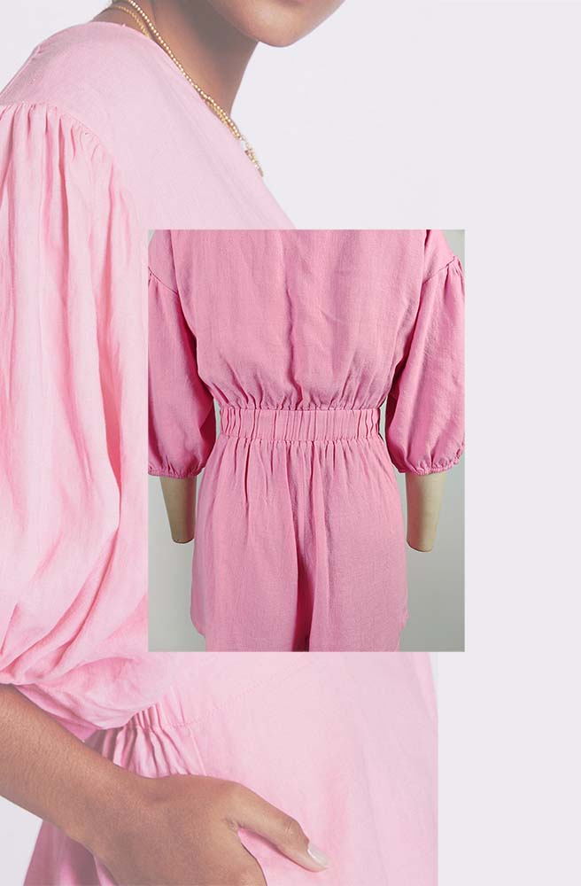 Skin-friendly V Neckline Puff-Sleeved Cotton Linen Romper