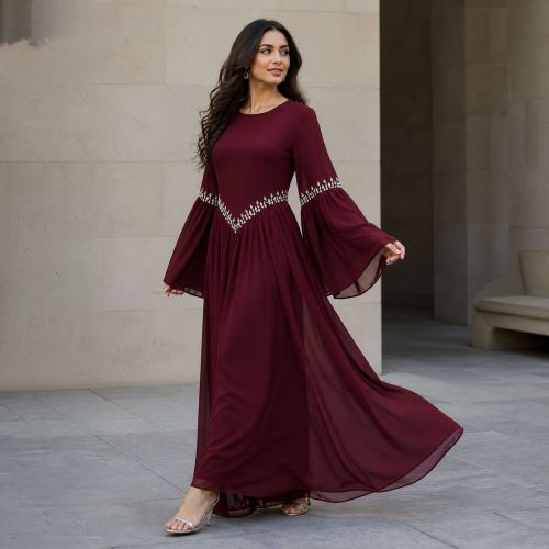 Luxury Solid Rhinestone Qurxiyey Flare Sleeve Abaya