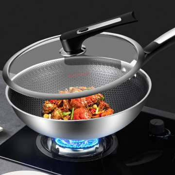 Maxcook chiński styl 34 cm Wok 304 ze stali nierdzewnej plaster miodu Non-Stock Wok ze szklaną pokrywką
