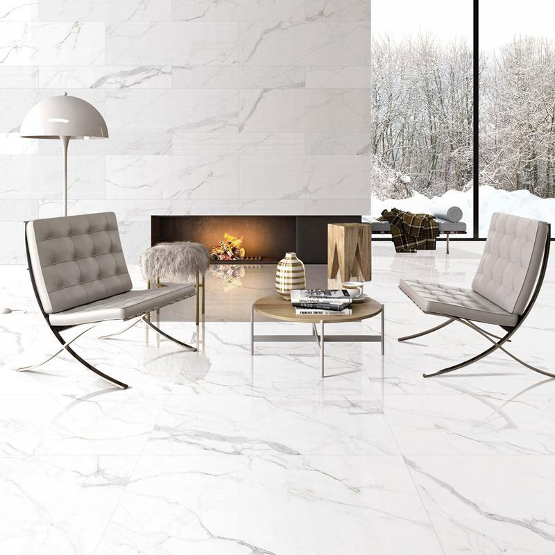 Carrara white marble look ceramic tile wall