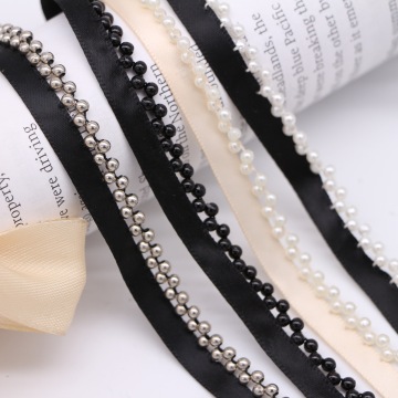 High-Quality 1cm Black and White Pearl Lace Trim: Handmade Nail Bead Edge Ribbon