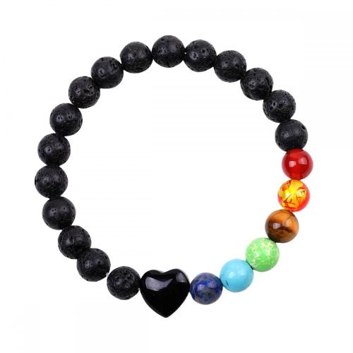 Gemstone 7 Chakra Healing Reiki Stretch Bracelet Black Lava Stone With Crystal Heart Charm Elastic Bracelets for Men Women