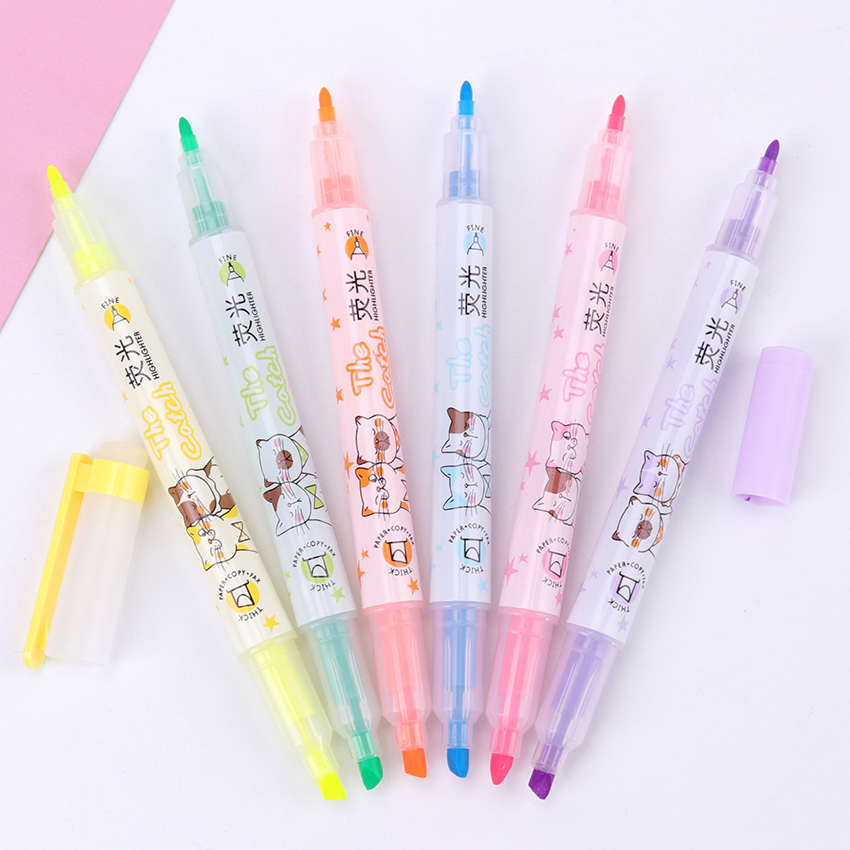 6PCS Double Head Highlighters Art Highlighter Pens Office Markers Watercolor Fluorescent Pen Drawing