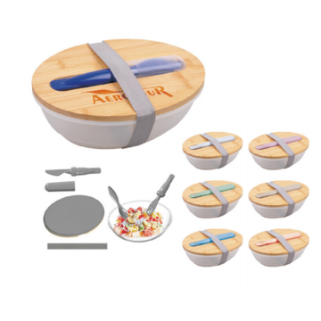 2024 New Design Oval Salad Box with Bamboo Lid & Cutlery Set