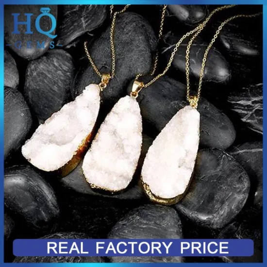 2016 Trendy Japanese natural white drusy crystal water drop gold necklace