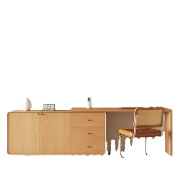 Rattan Solid Wood Dressing Table: Modern Simple Wood Color Desk with Storage