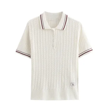 2024 Autumn New Women's College Style Knitted Sweater Ribbed Short-sleeved Lapel POLO Shirt Top