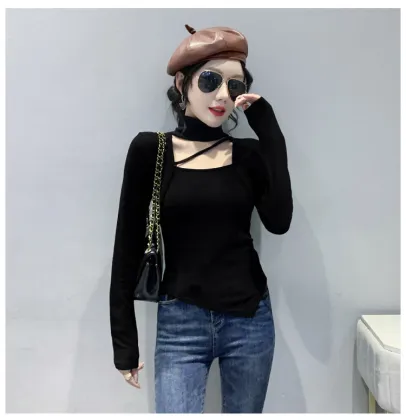 Milled wool bird check slim bottoming shirt