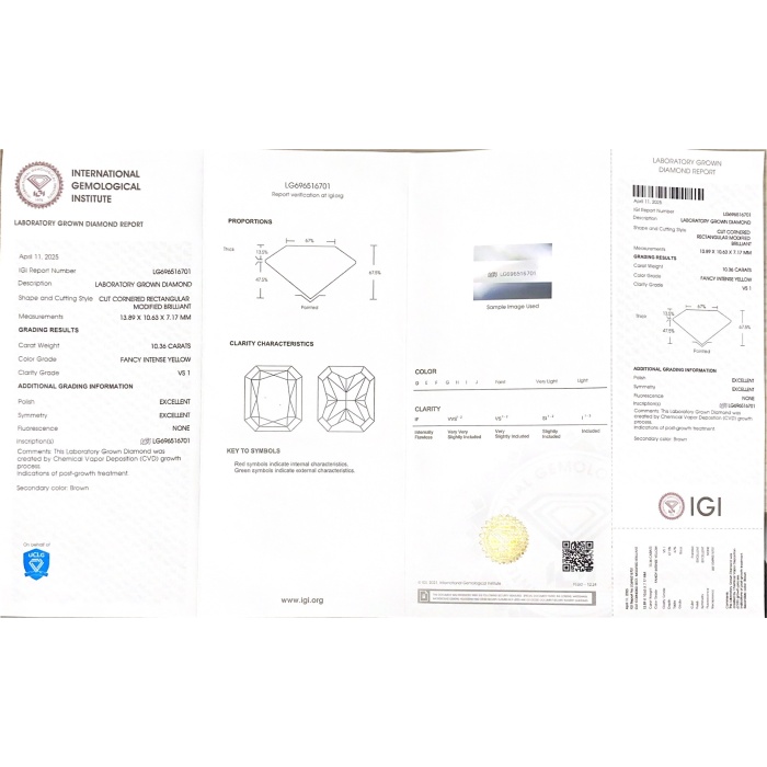 เพชร Lab Diamond CVD สีเหลืองเข้มข้น 10.36 กะรัต