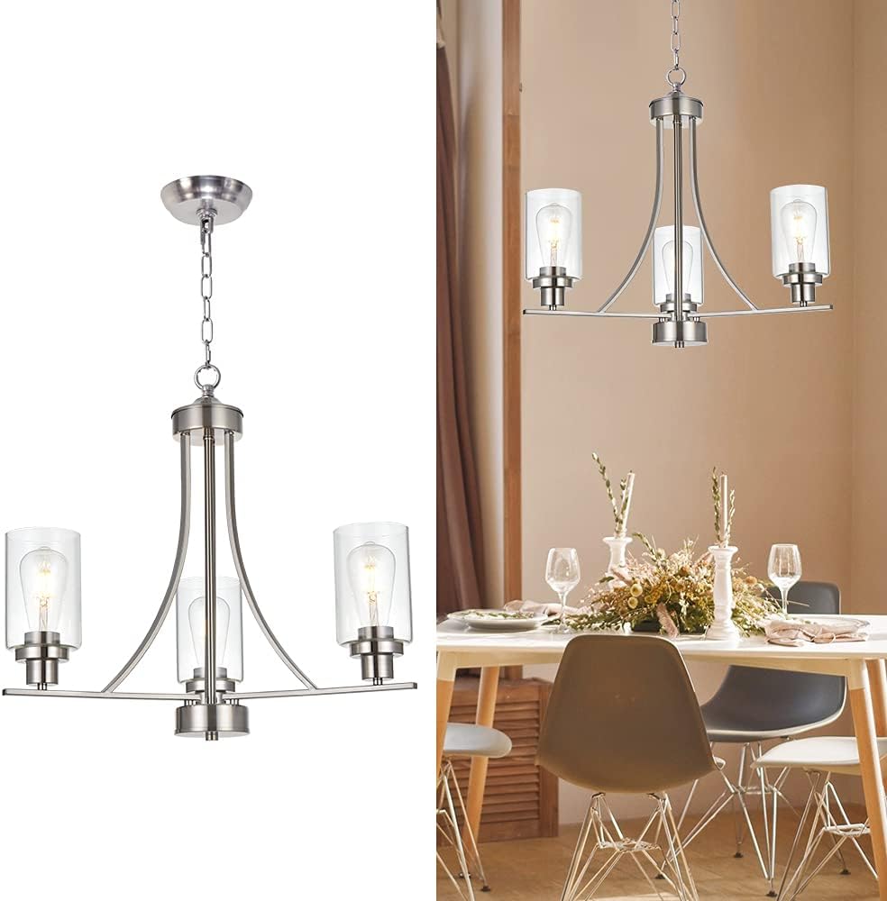Contemporary Chandelier 3 Light Brushed Nickel Modern Lighting Fixtures Hanging Clear Glass Shades Pendant Light (7)