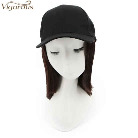 Vigorous Top Quality Baseball Hat Hair Extension Hat Wig For Black Women Synthetic Short Straight Dark Brown Heat Resistant