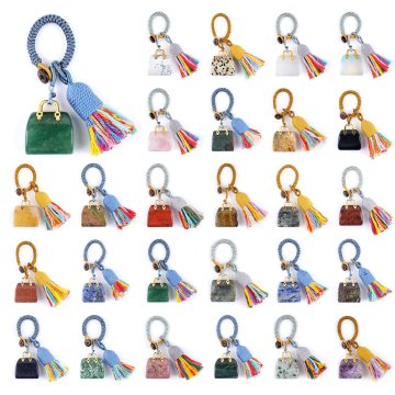 Handmade Natural Stone Mini Bag Shape Keychain Colorful Tassel Boho Bag Charm Woven Rope Crystal Stone Pendant Bat Tag
