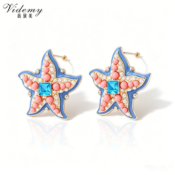 Bold Pink and Blue Starfish Earrings Statement Fashion