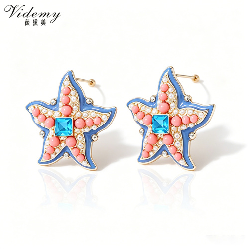 Bold Pink and Blue Starfish Earrings Statement Fashion