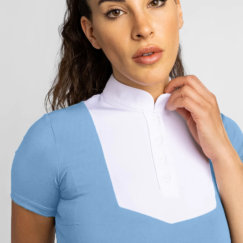 새로운 의류 여성의 밝은 파란 승마 주행 메쉬 쇼 셔츠