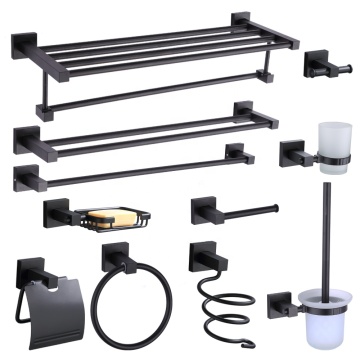Black Wall-Mounted Bathroom Organizer Set - Towel Bar, Rack, and Shelf