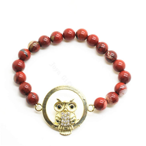 Red Jasper 8MM Round Beads Stretch Gemstone Bracelet with Diamante owl alloy Piece