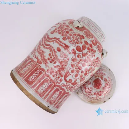 Jingdezhen Red Glazed Lion Head Vase with Hand-Painted Phoenix and Flower Pattern