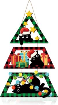 Buffalo Plaid Black Cat Christmas Door Hanger