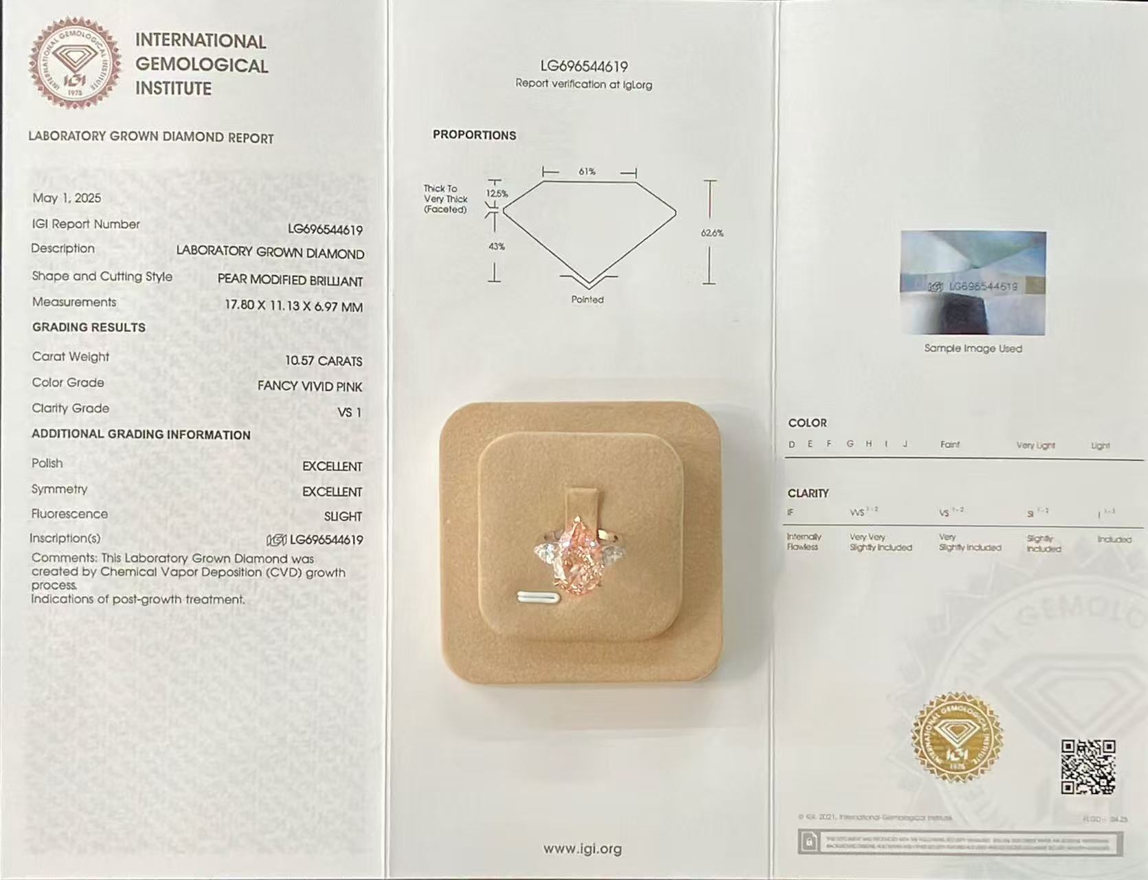 IGI laboratory grown diamond report with custom pink diamond ring