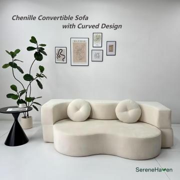 घुमावदार डिजाइन के साथ चेनील कन्वर्टिबल सोफा