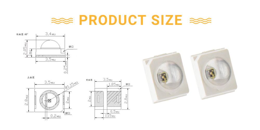 Size of 2835FOC61D3L14A60 Orange 610nm LED Emitter 2835 SMD LED Dome Lens 60-degree