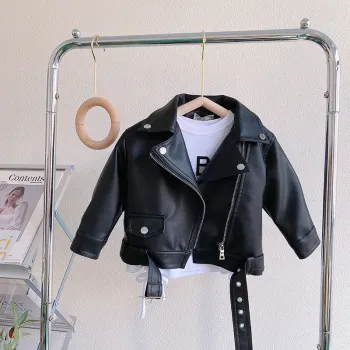 Children's Solid Long Sleeve PU Leather Jacket with Zipper and Buttons for Autumn and Spring