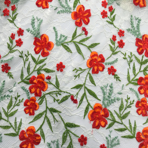 Colorful Flower Embroidery On Lace Mesh