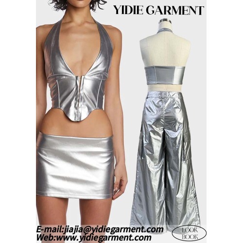 100% PU Stretch Silver Corset Halter Neck Top