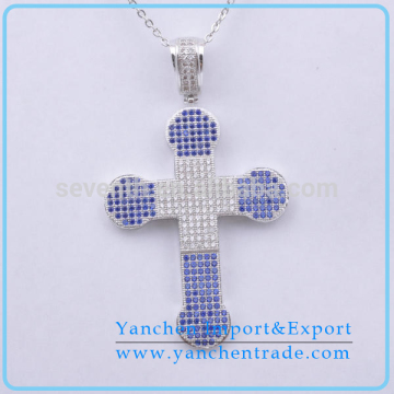 Wholesale Cross Necklace with Micro Pave Rhodium Plated Blue and White CZ Diamond
