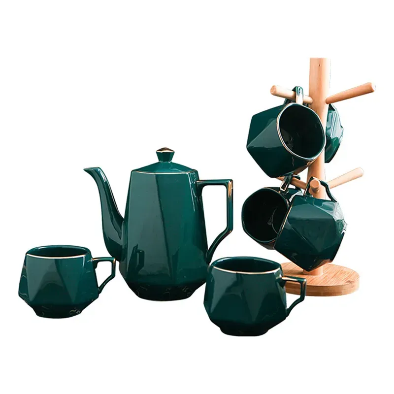 Vintage Gold-Rimmed Peacock Green Coffee Set