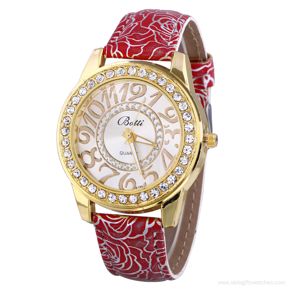 Vein Leather Strap Rhinestone Quartz Watch